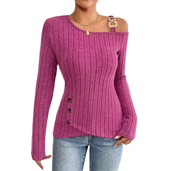 Women's body-hugging ribbed knit top with asymmetric one-shoulder neckline, decorative rectangular strap, and side button placket Mune Fashion