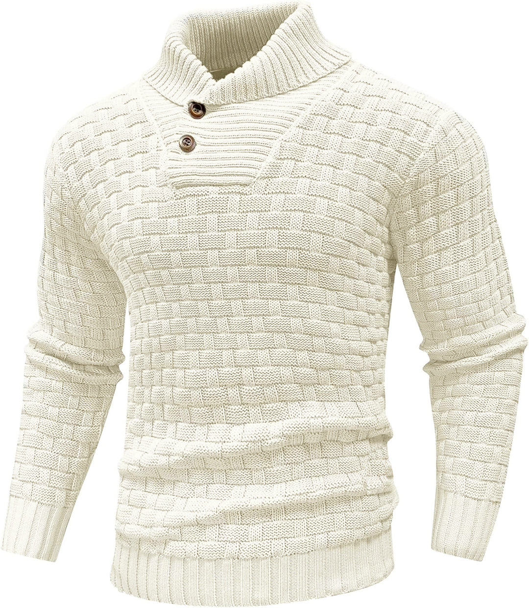 Men's chunky knit sweater with high roll neck, button placket and basket knit Mune Fashion