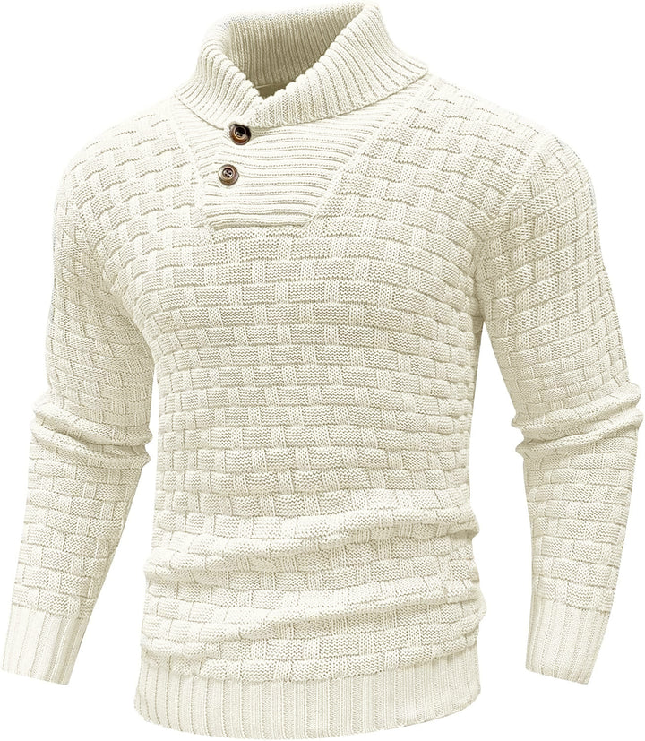 Men's chunky knit sweater with high roll neck, button placket and basket knit Mune Fashion