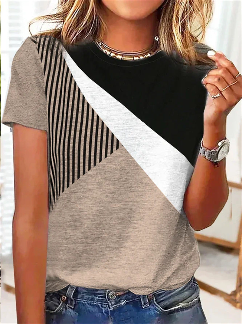 Women's Colorblock Long Sleeve Shirt with Diagonal Stripe Design and Round Neckline Mune Fashion
