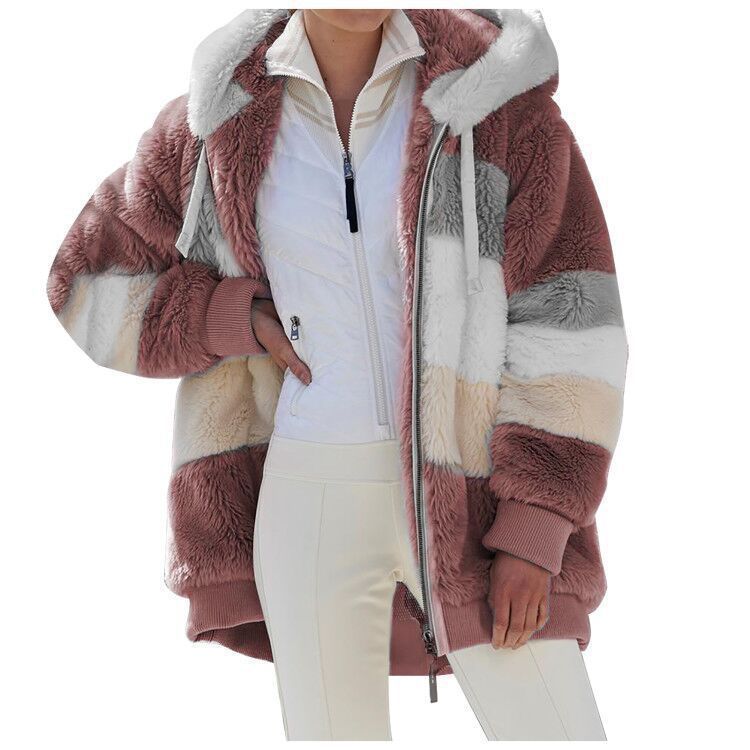 Women's oversized padded faux fur jacket with hood, block stripes and ribbed cuffs Mune Fashion