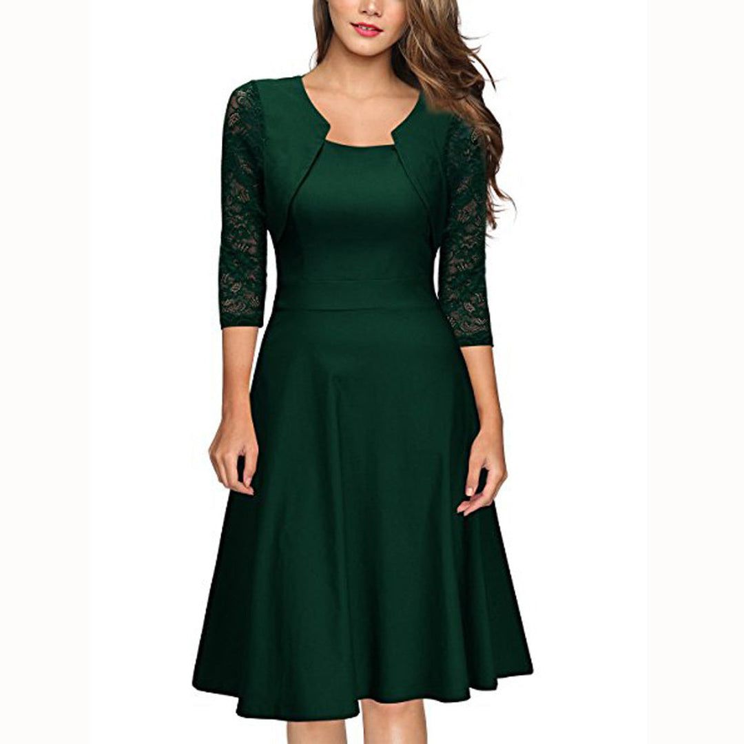 Women's Midi Dress with Lace Sleeves and Flared Skirt Mune Fashion