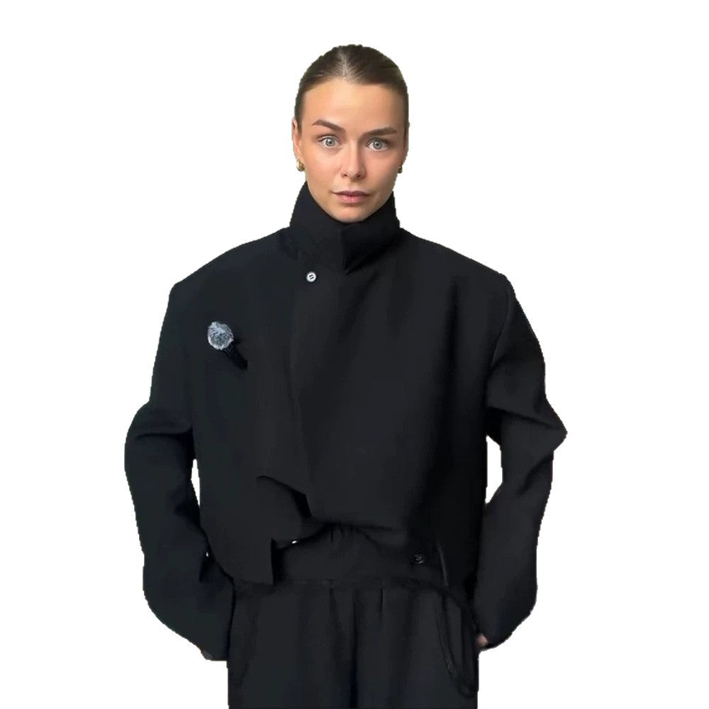 Women Asymmetric Cropped Boxy Jacket with High Stand Collar and Structured Shoulder Area Mune Fashion