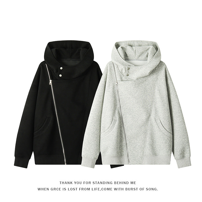 Women's asymmetrical hoodie with high collar, diagonal zipper and kangaroo pockets Mune Fashion