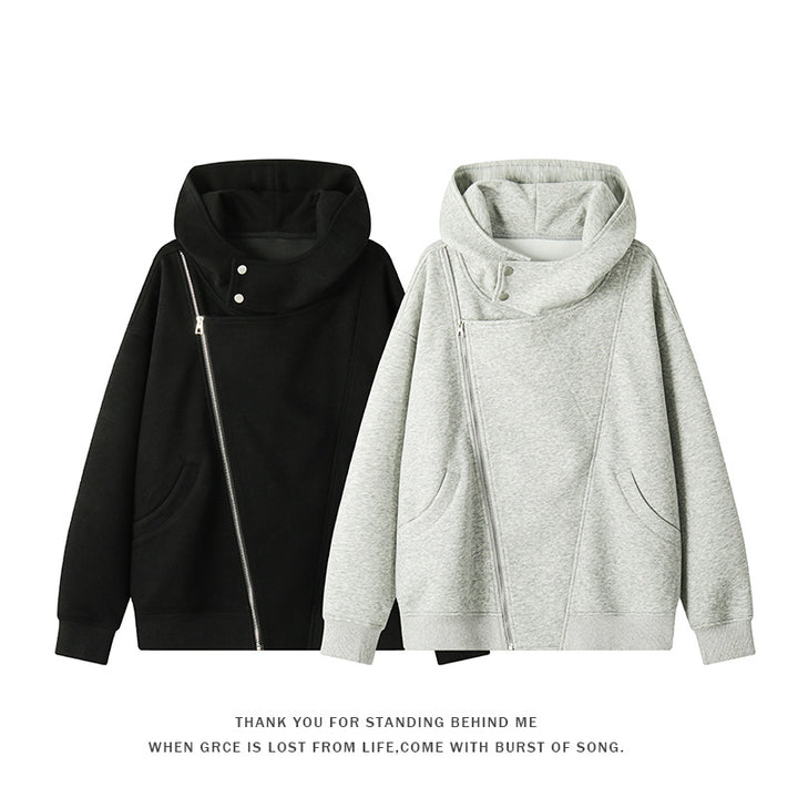 Women's asymmetrical hoodie with high collar, diagonal zipper and kangaroo pockets Mune Fashion