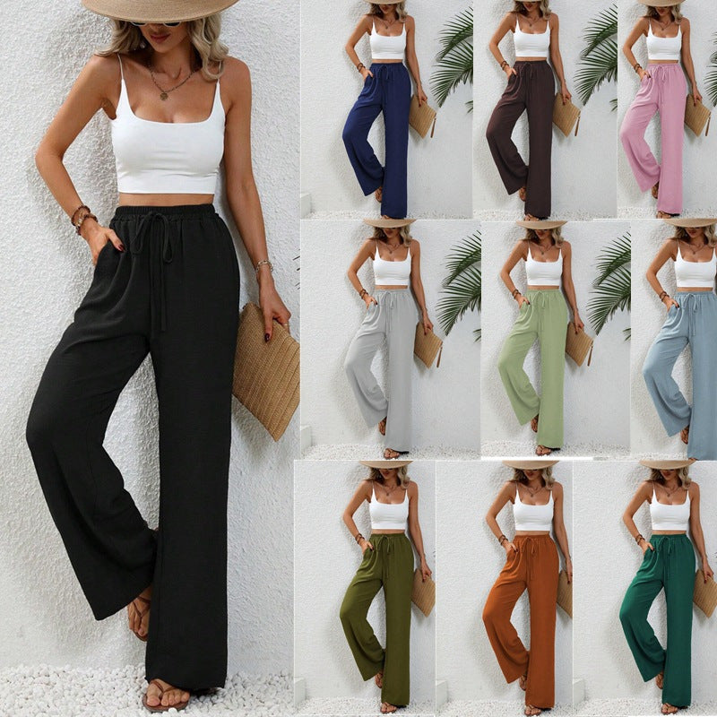 Women Wide Palazzo Pants with High Elastic Waistband, Drawstring and Side Pockets Mune Fashion