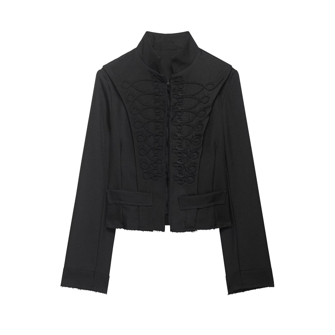 Women Cropped Military Blazer with Stand Collar, Decorative Loops and Fringed Hem Mune Fashion