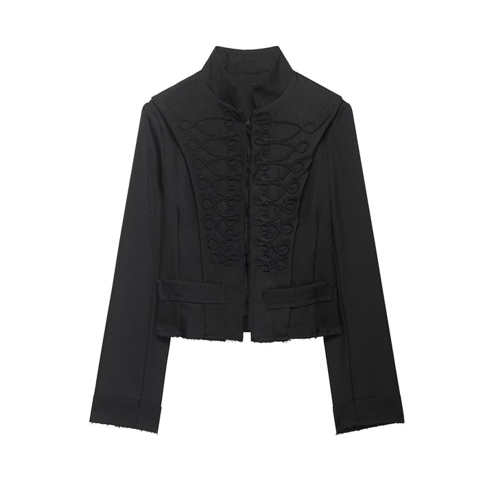 Women Cropped Military Blazer with Stand Collar, Decorative Loops and Fringed Hem Mune Fashion