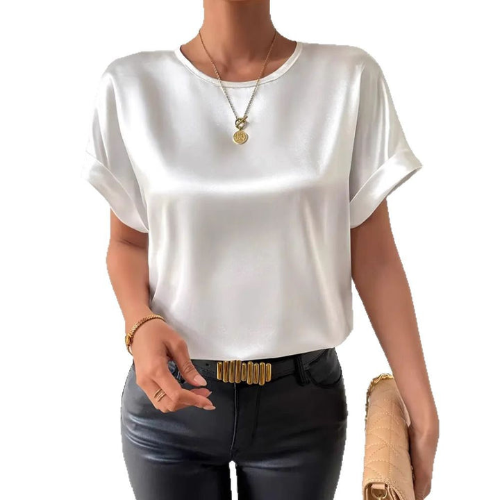 Women nan lightweight satin blouse shirt with round neck and cuff sleeves Mune Fashion