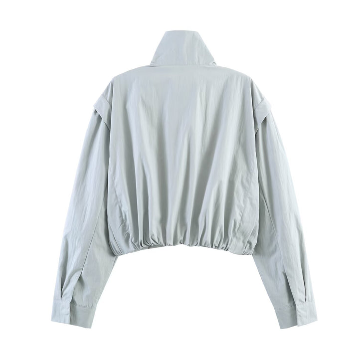 Women's Cropped Utility Jacket with High Standing Collar, Loose Raglan Sleeves and Concealed Front Placket Mune Fashion