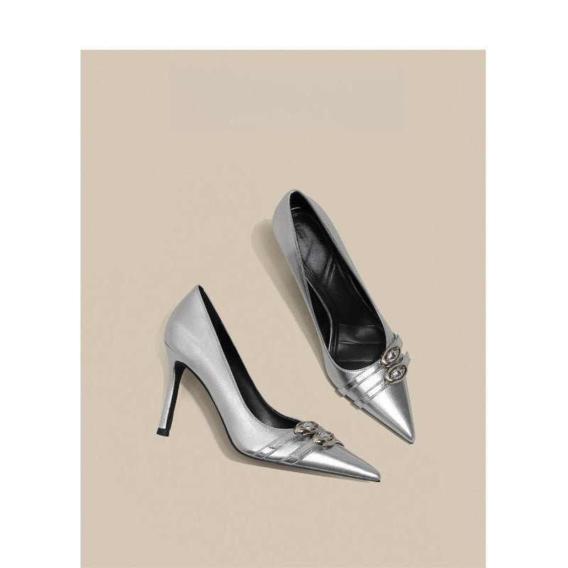 Women pointed toe patent pumps with narrow stiletto and decorative shiny buckle Mune Fashion