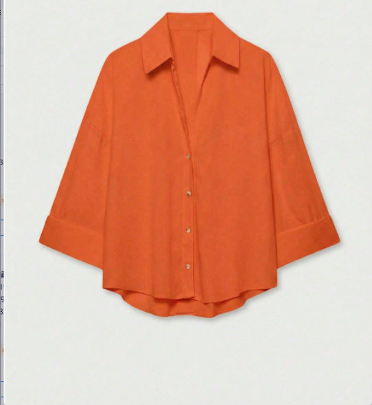 Women's Lightweight Oversized Linen Look Blouse with Three-Quarter Sleeves and Full Button Placket Mune Fashion