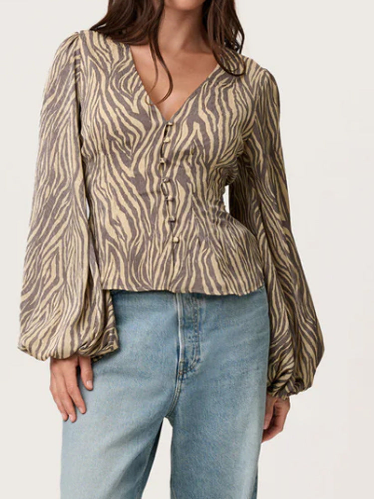 Women's jacquard lace blouse with fitted peplum and balloon sleeves Mune Fashion