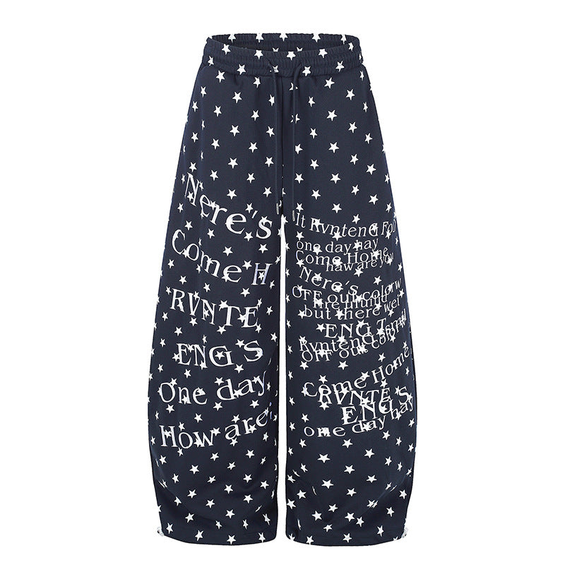 Women's Wide Palazzo Lounge Pants with Allover Stars, Drawstring Waistband and Typographic Print Mune Fashion
