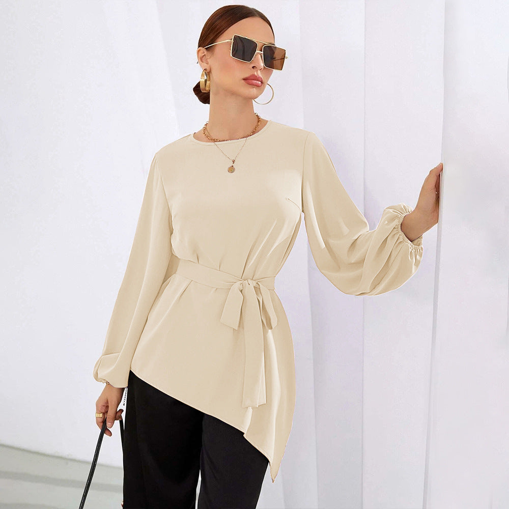Women asymmetrical tunic blouse with balloon sleeves and waist belt Mune Fashion