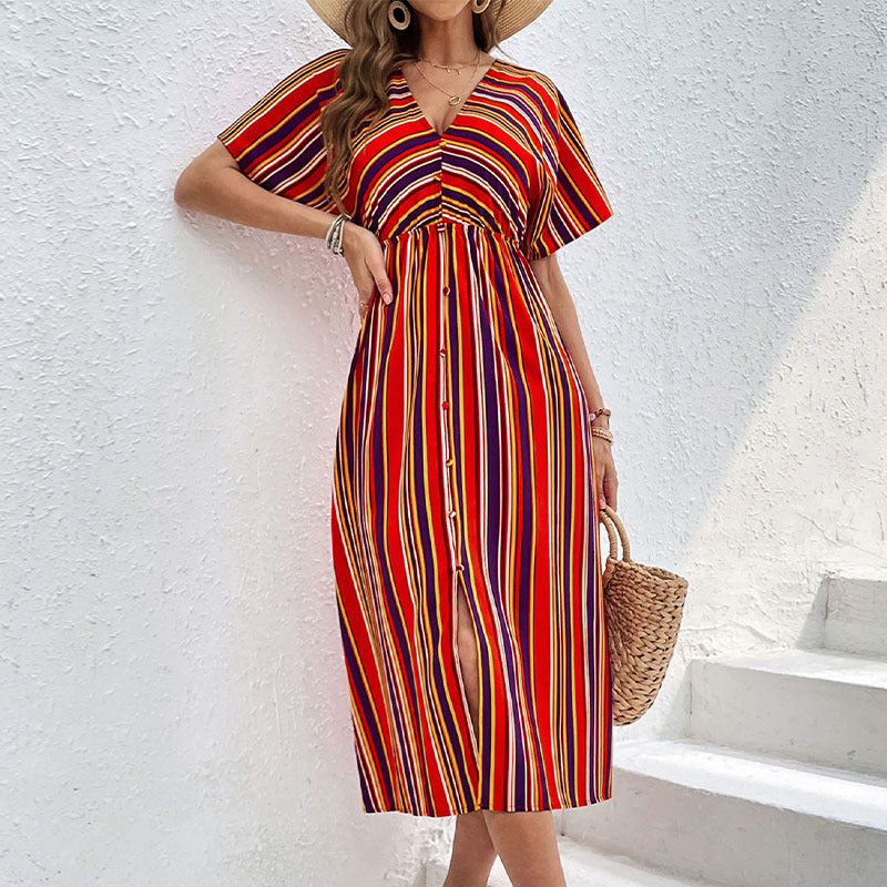 Women's Striped Midi Dress with V-Neck, Button Placket and Waist Gathered Mune Fashion