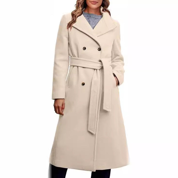 Ladies Elegant Double-Breasted Coat with Belt Detail Mune