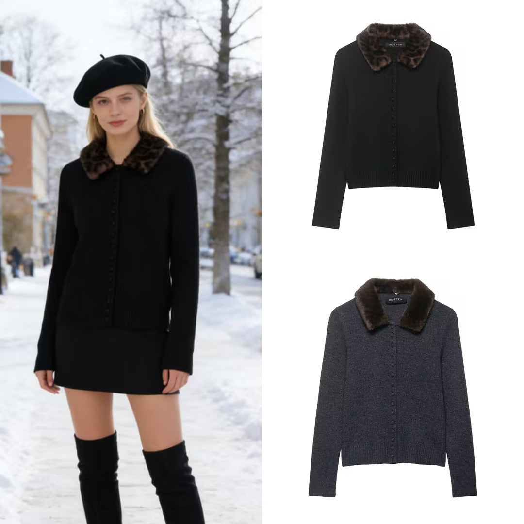 Women's fine-knit cardigan with faux fur collar and concealed button placket Mune Fashion