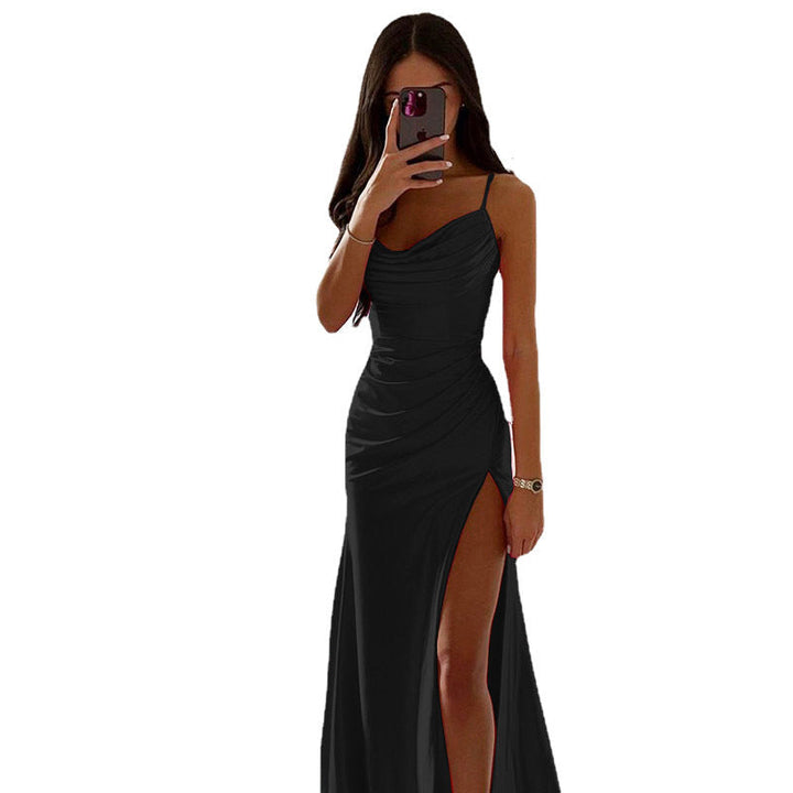 Women Elegant Evening Dress with Gatherings and High Split Mune Fashion