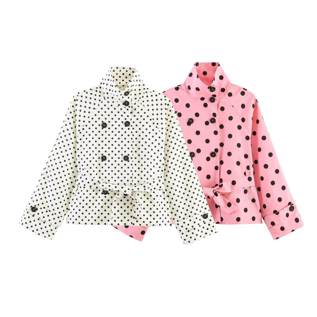 Women's Short Cut Raincoat with Polka Dot Pattern and Tie Belt Mune Fashion