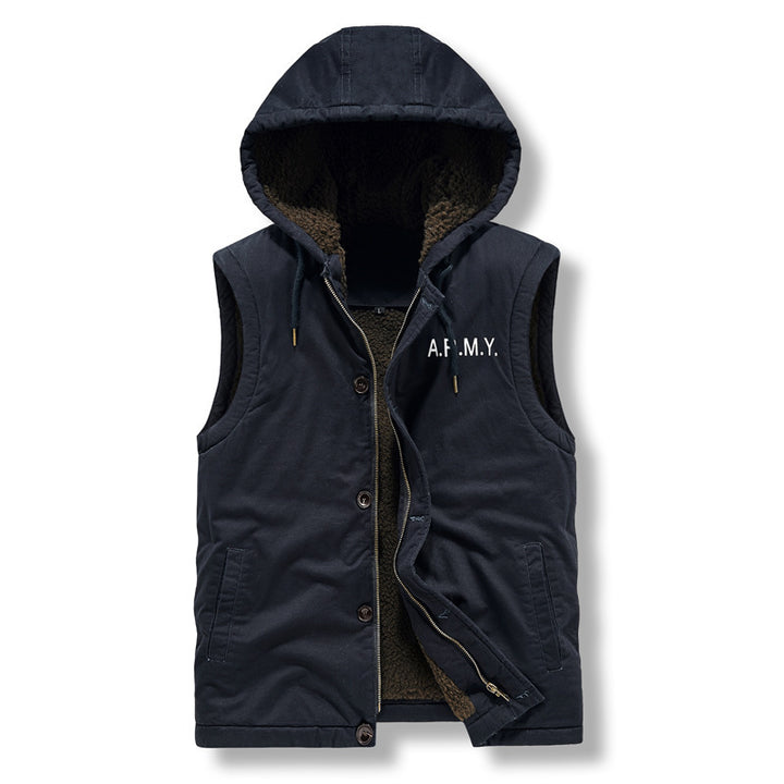 Men's Sleeveless Canvas Vest with Teddy Fleece Lining, Hood, and Two-Way Zipper Mune Fashion