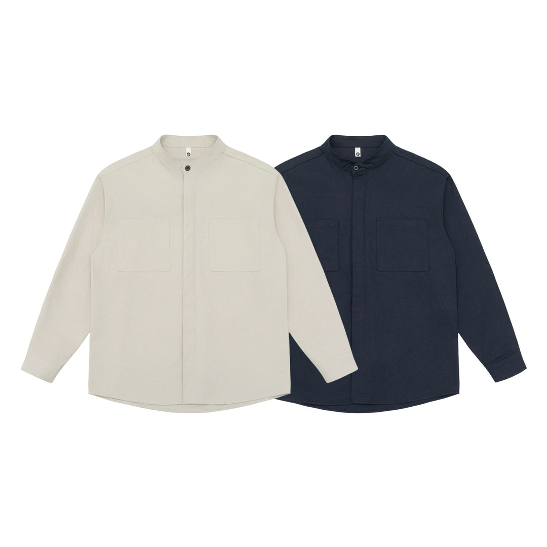 Unisex shirt jacket with stand-up collar, concealed button placket, and patch breast pockets Mune Fashion