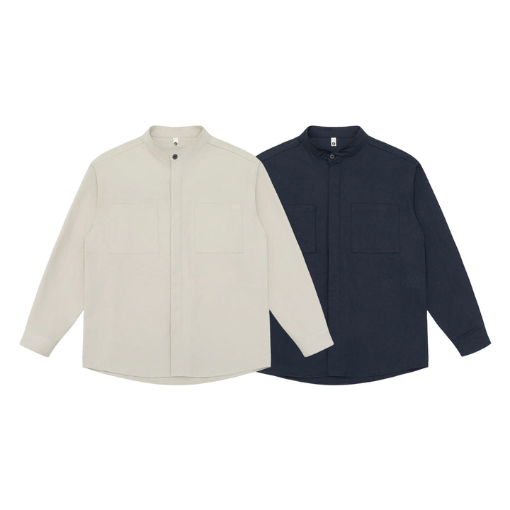 Unisex shirt jacket with stand-up collar, concealed button placket, and patch breast pockets Mune Fashion