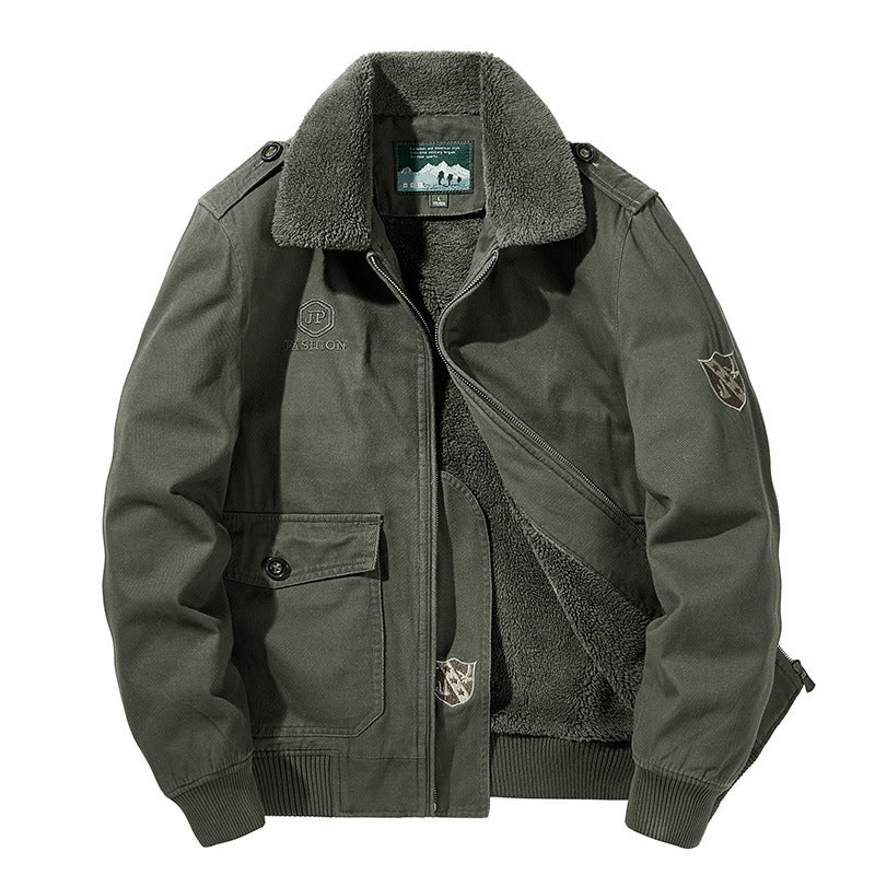Men's bomber field jacket with continuous Sherpa lining, shoulder flaps, and concealed two-way zipper Mune Fashion