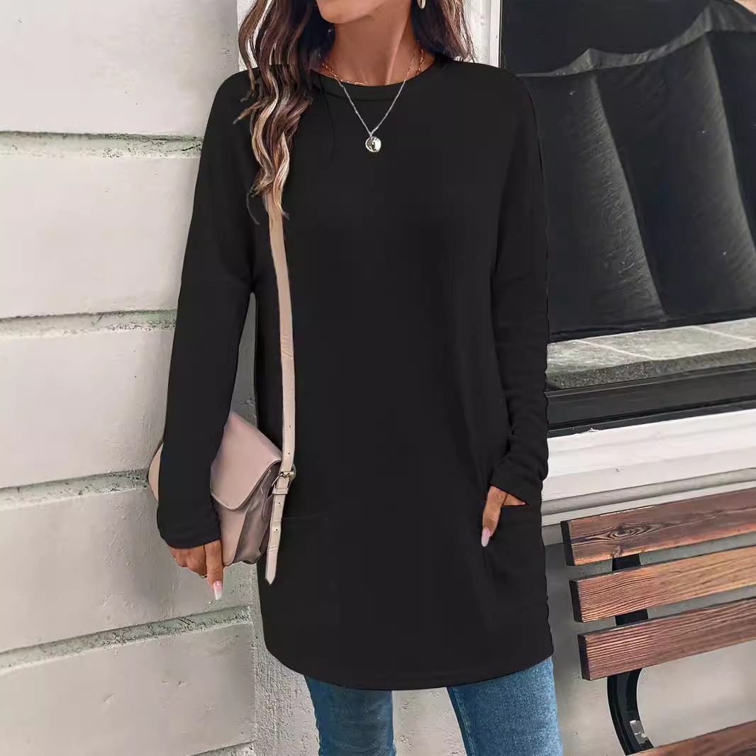 Women's loosely cut long tunic with round neckline, side pockets, and soft jersey Mune Fashion