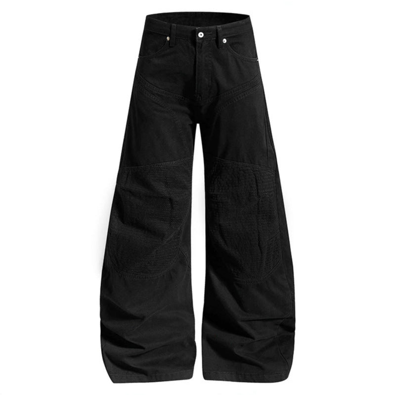 Women High-waisted wide Denim culotte pants with reinforced ribbed knee panels and patch stitching Mune Fashion