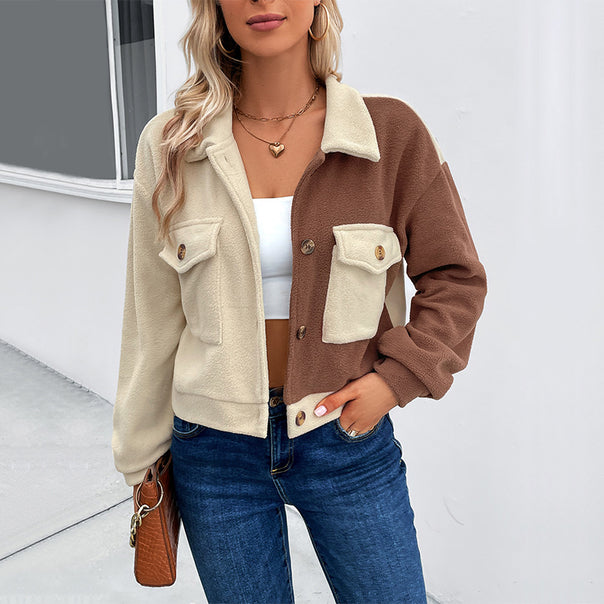 Ladies Cropped Teddy Jacket with Color Blocked Sleeves and Breast Pockets Mune Fashion