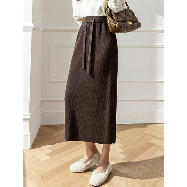 Ladies Elegant Ribbed Midi Skirt with Ties Mune Fashion