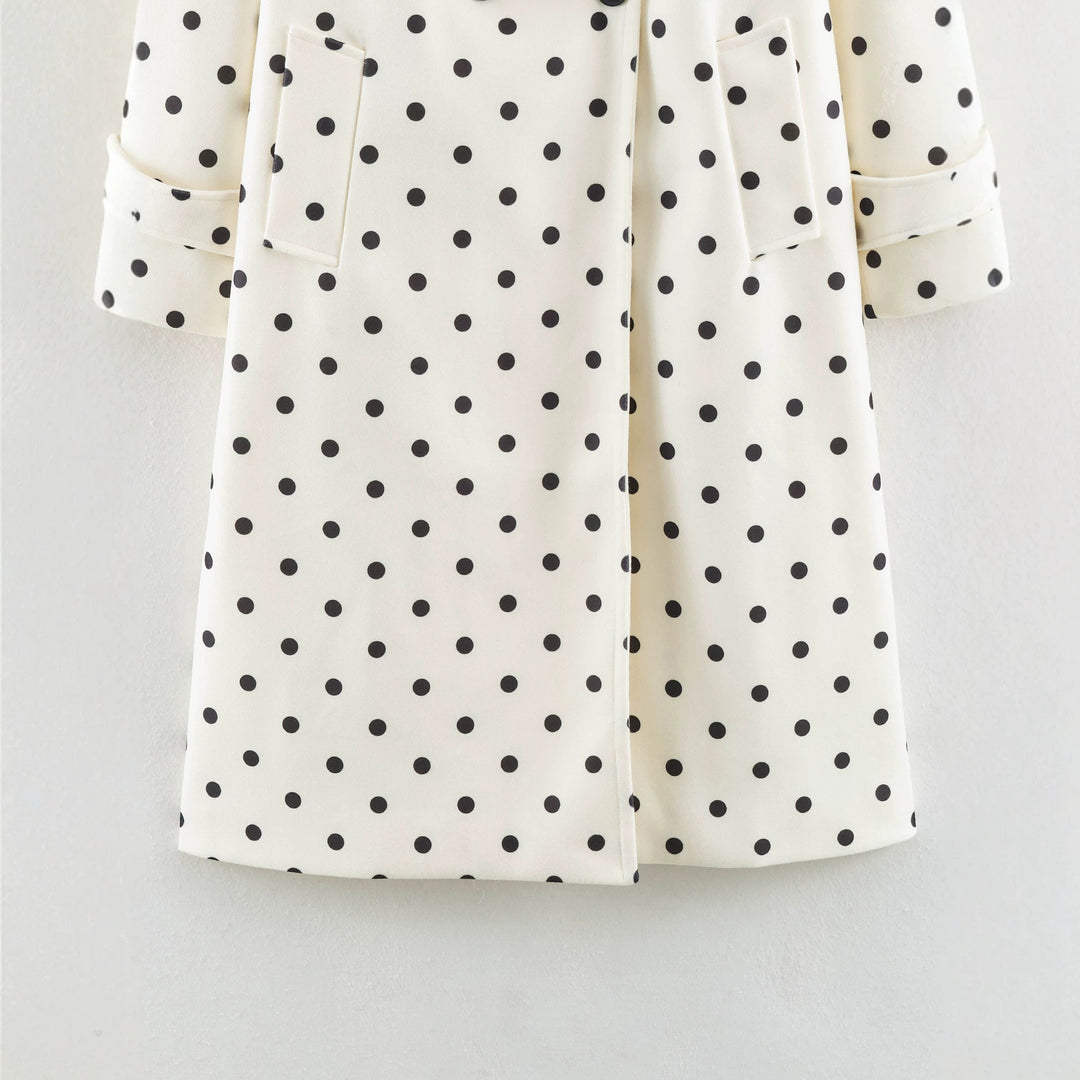 Women's Polka Dot Midi Trench Coat with Double-Breasted Button Placket Drune