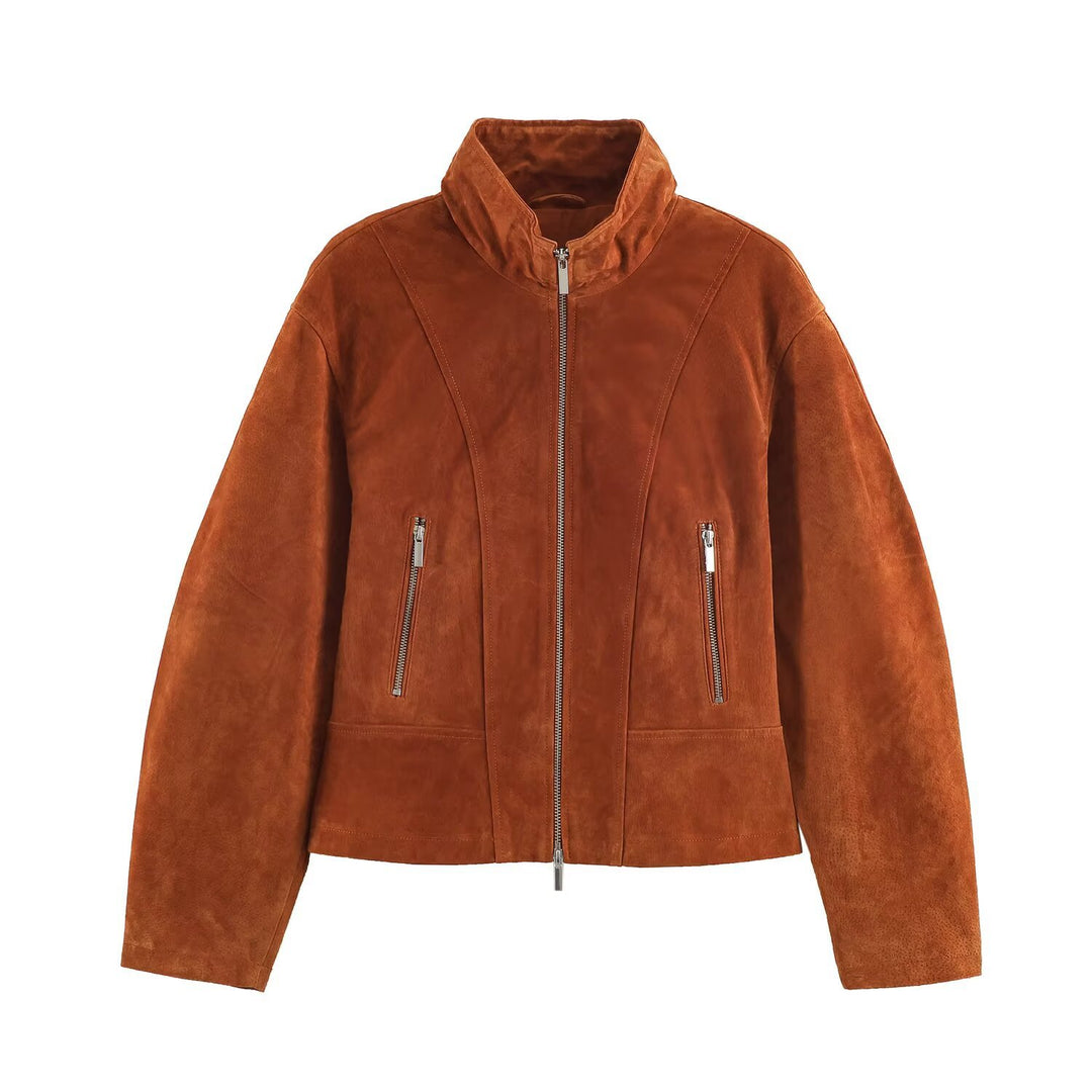 Women's short-cut suede jacket in blouson style with tailored darts and metal zippers Drune