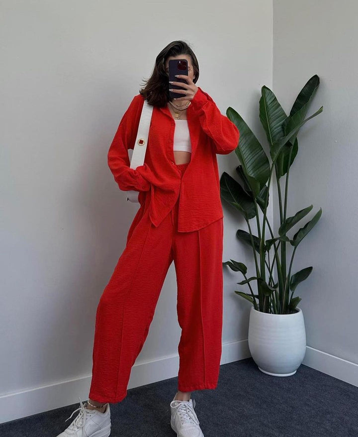 Women's Casual Two-Piece Lounge Set Made of Crêpe with Oversized Shirt and High Elastic Waistband Mune Fashion