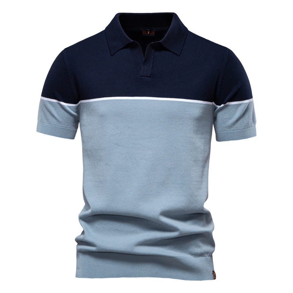 Men's modern short sleeve polo shirt made of fine knit with open lapel collar and horizontal contrast yoke Mune Fashion