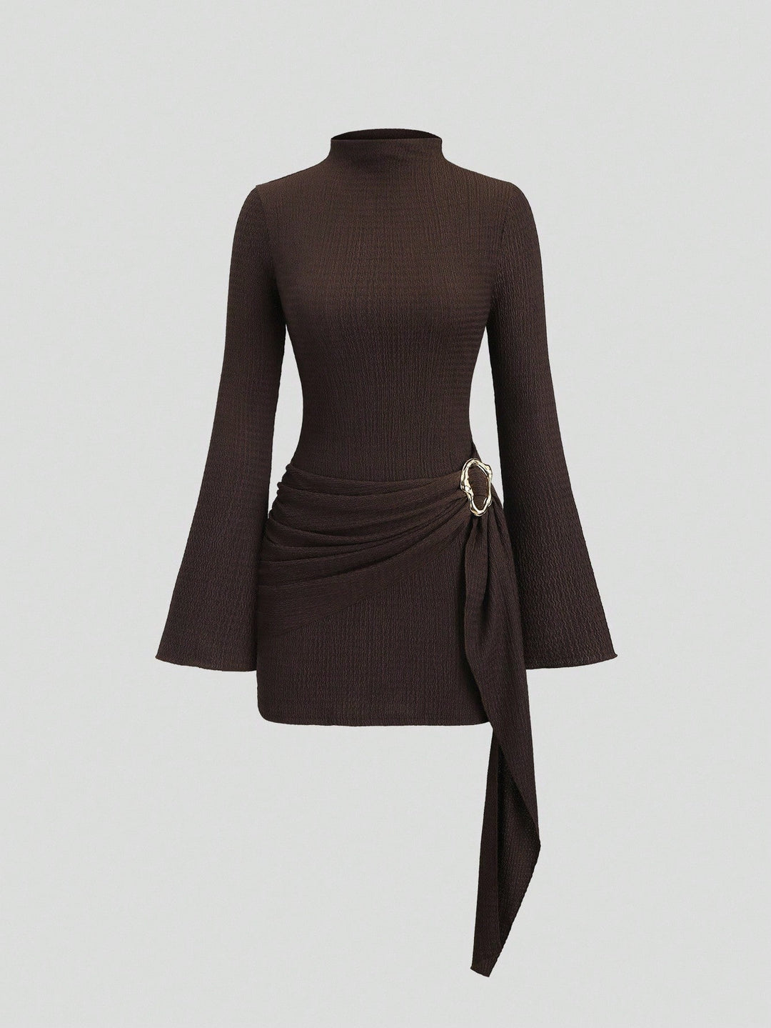 Women fitted knit mini dress with stand-up collar, trumpet sleeves and side draping with decorative ring Mune Fashion