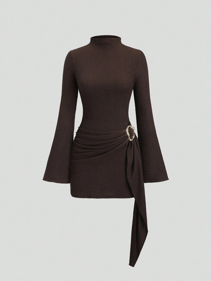 Women fitted knit mini dress with stand-up collar, trumpet sleeves and side draping with decorative ring Mune Fashion