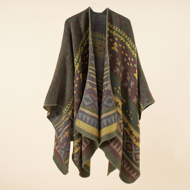 Women's coarse woven ethnic poncho with fringes Mune Fashion