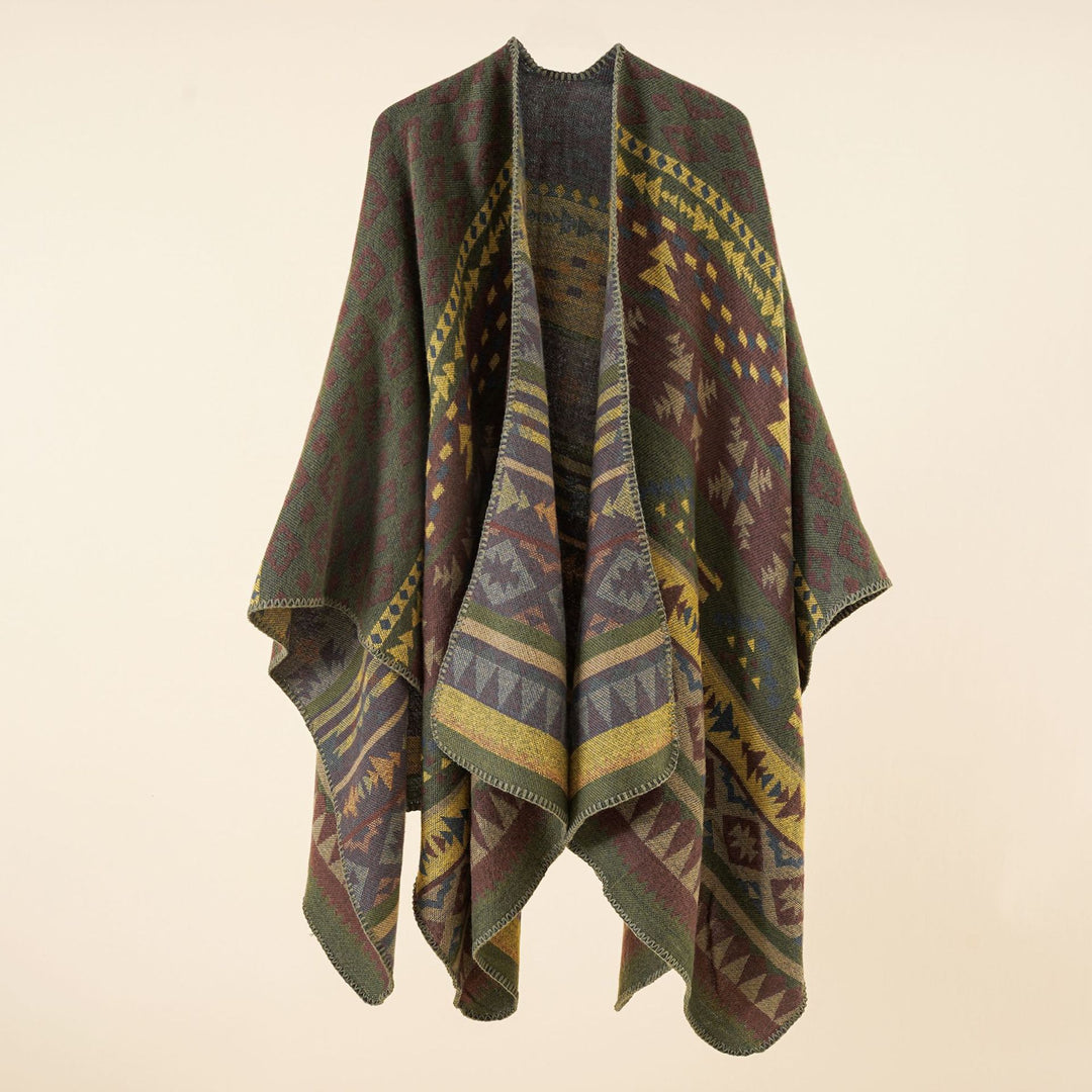 Women Oversize Knit Poncho with Ethno-Geometric Pattern Mune Fashion