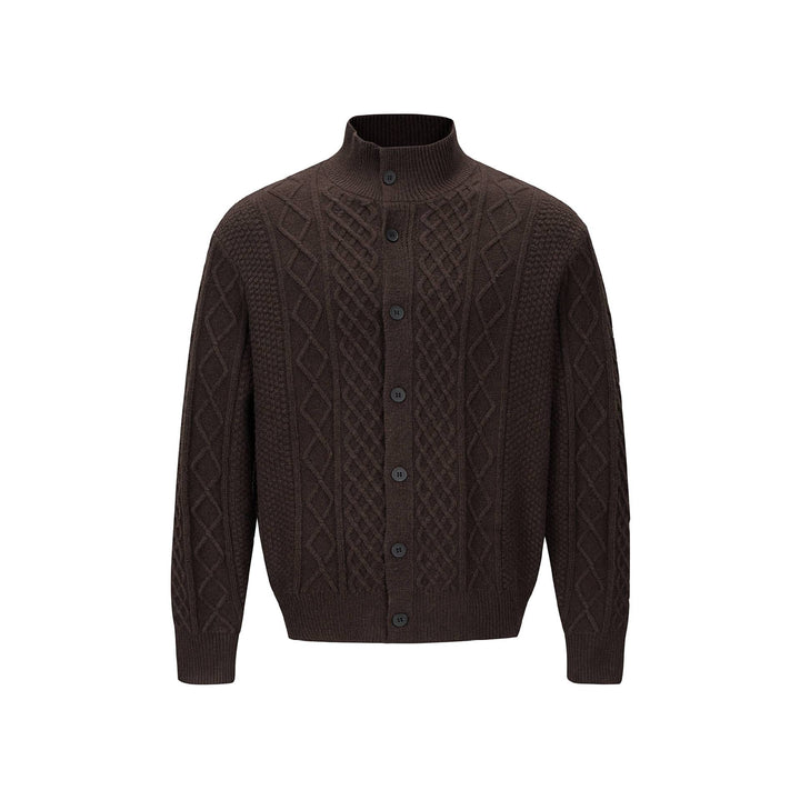 Men's knitted cardigan with cable pattern, standing collar and buttoned front Mune Fashion