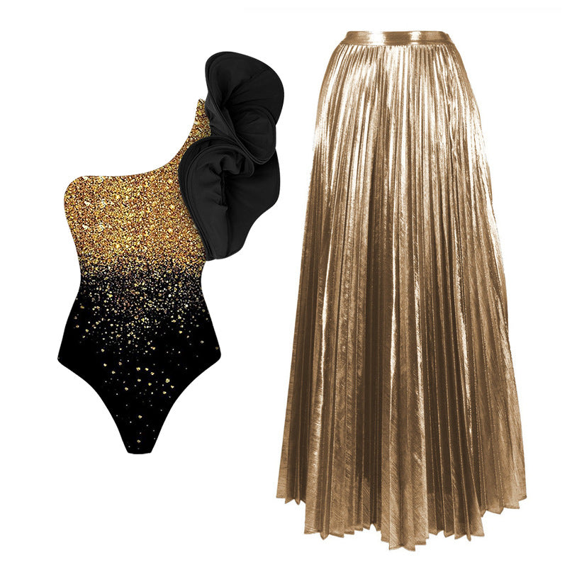 Women Elegant Glittering Swimsuit with Lilac Skirt Mune Fashion