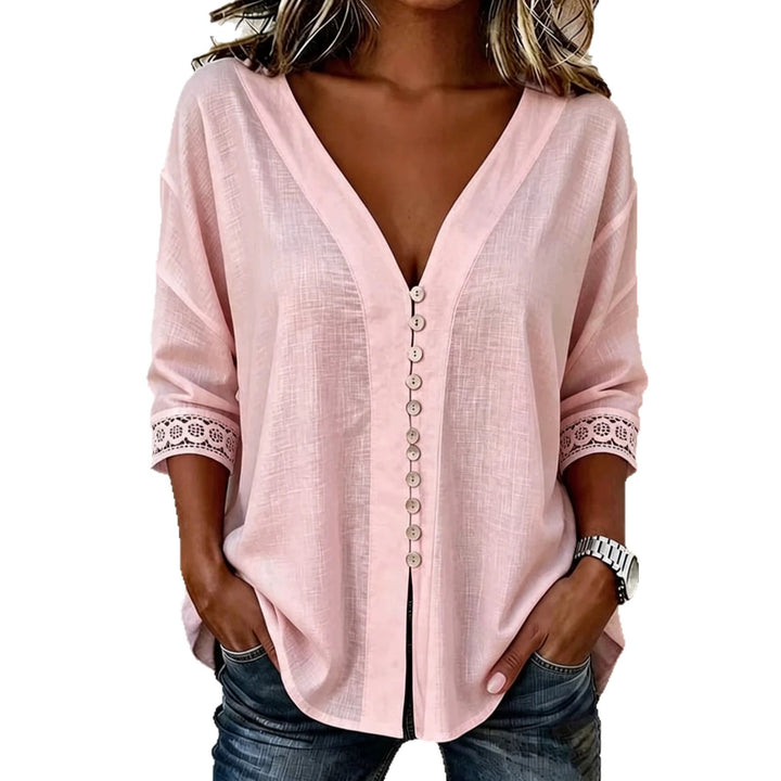 Ladies Light V-Neck Blouse with Decorative Button Placket and Lace Trim Sleeves Mune Fashion