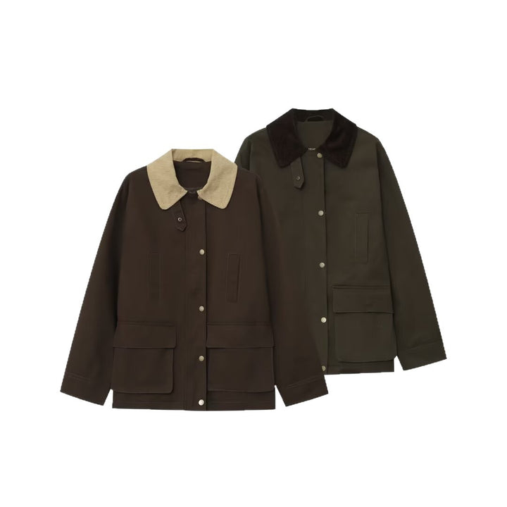 Women's field jacket in parka style with corduroy collar, snap button closure, and patch front pockets Mune Fashion