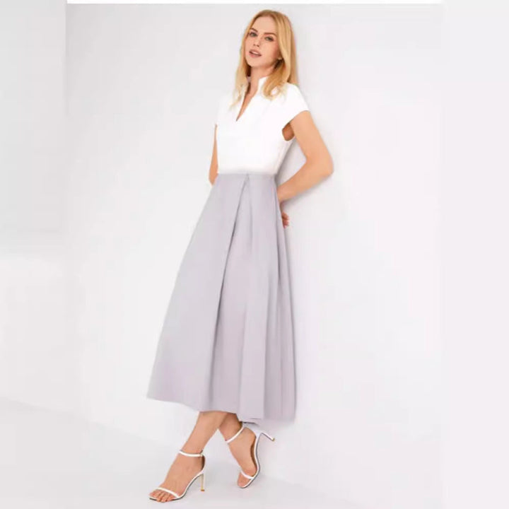 Mune Fashion | White Color Block V Neck Flared Summer Dress