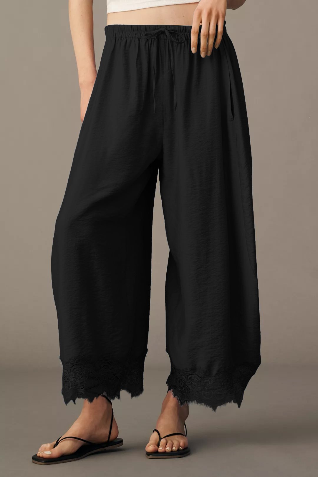 Women Wide Palazzo Pants with Elastic Drawstring Waistband and Lace Trim Mune Fashion