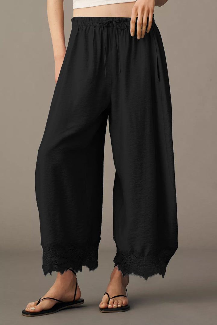 Women Wide Palazzo Pants with Elastic Drawstring Waistband and Lace Trim Mune Fashion
