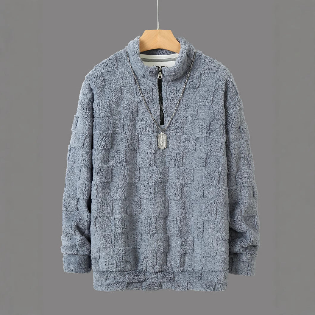 Men's Checked Sherpa Half-Zip Pullover with High Stand Collar and Soft Teddy Fleece Quality Mune Fashion