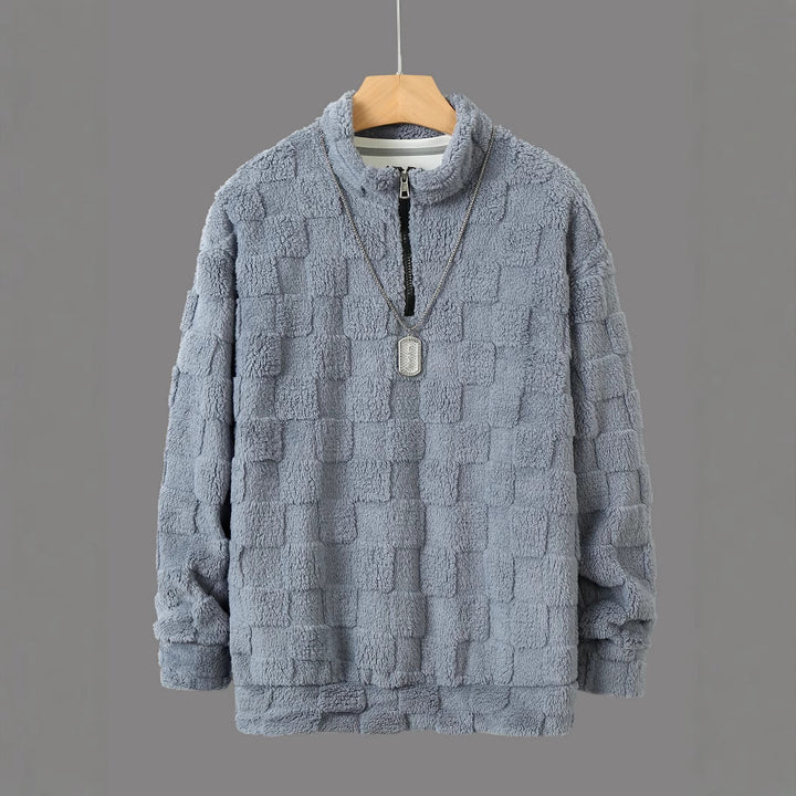 Men's Checked Sherpa Half-Zip Pullover with High Stand Collar and Soft Teddy Fleece Quality Mune Fashion