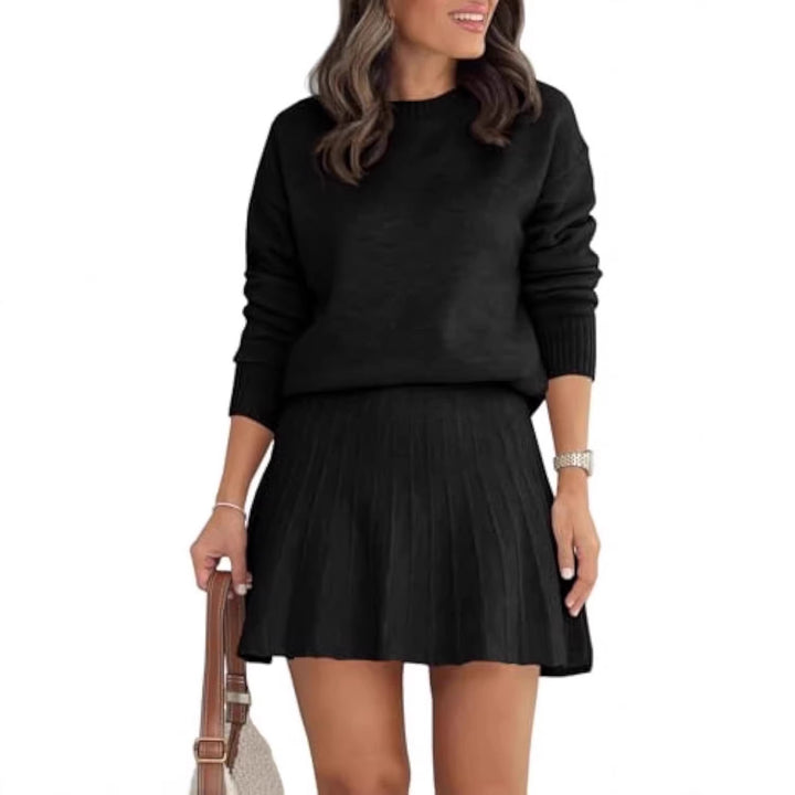 Women's Two-Piece Knit Set with Round Neck Sweater and Pleated Mini Skirt Drune
